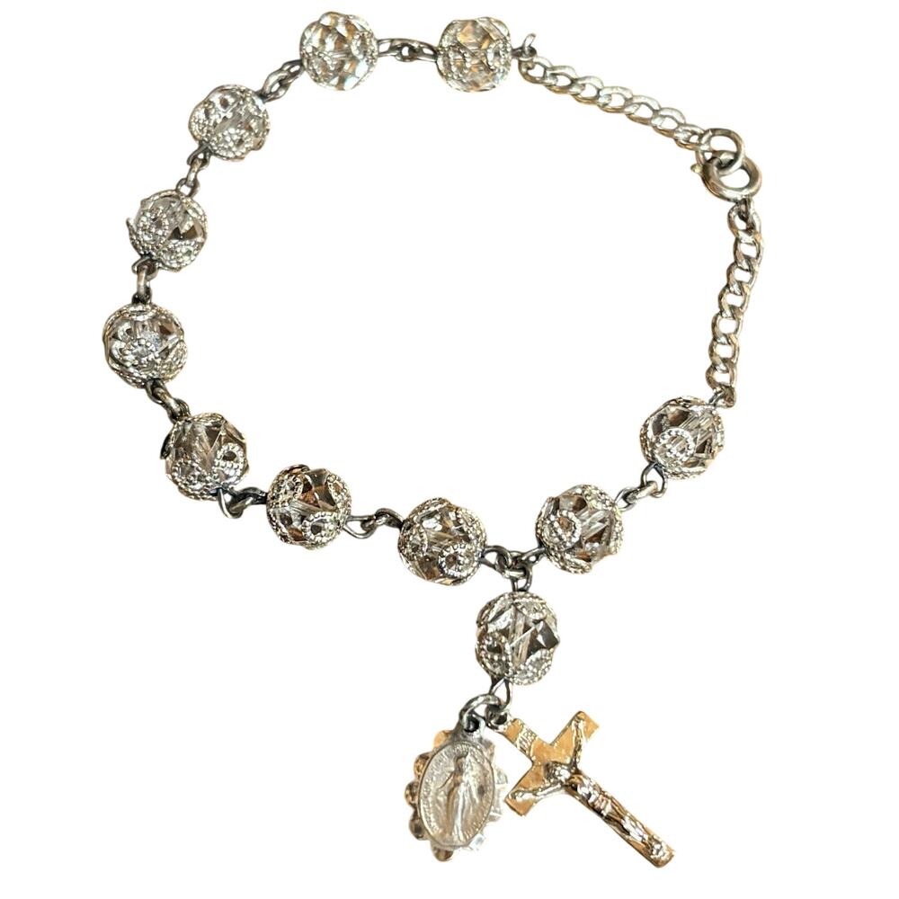 Catholic Rosary Bracelet Sterling Silver Cap Beads w/ Virgin Mary & Cross Charm